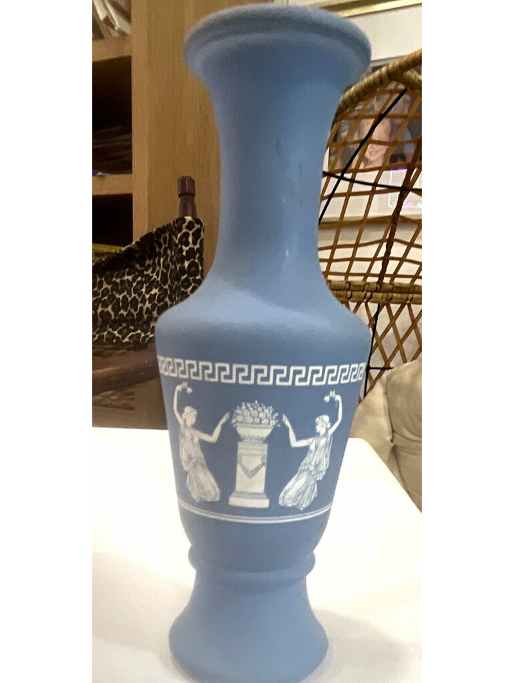 Blue & White Ceramic Vase Greek Motif Greek Key Pattern Matte Finish Decorative